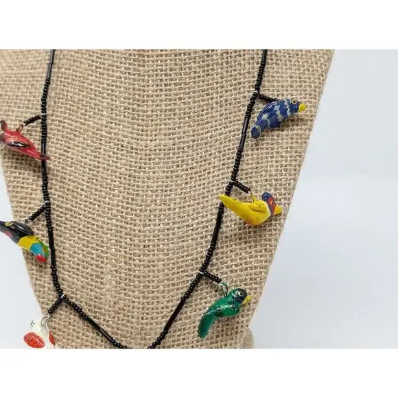Black Beaded Wooden Colorful Painted Bird Necklace - Picture 3 of 6